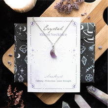 Load image into Gallery viewer, Amethyst Crystal Moon Necklace on Greeting Card
