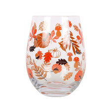 Load image into Gallery viewer, Autumn Leaves and Pumpkins Stemless Glass
